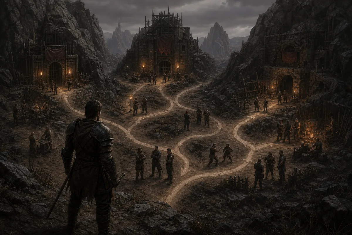 Editorial concept illustration showing the Nameless Hero choosing between three Colony camps and NPC relationships
