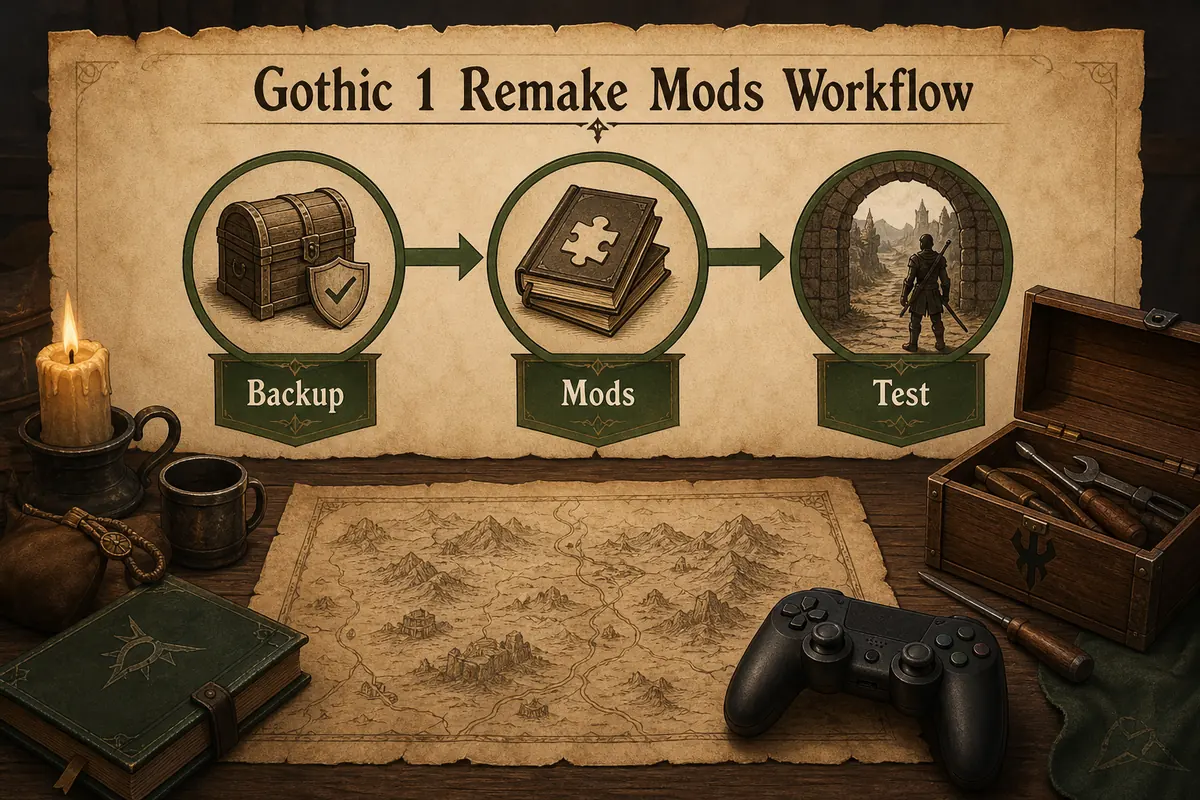 Gráfico editorial com etapas de backup, mods e teste para segurança em Gothic 1 Remake