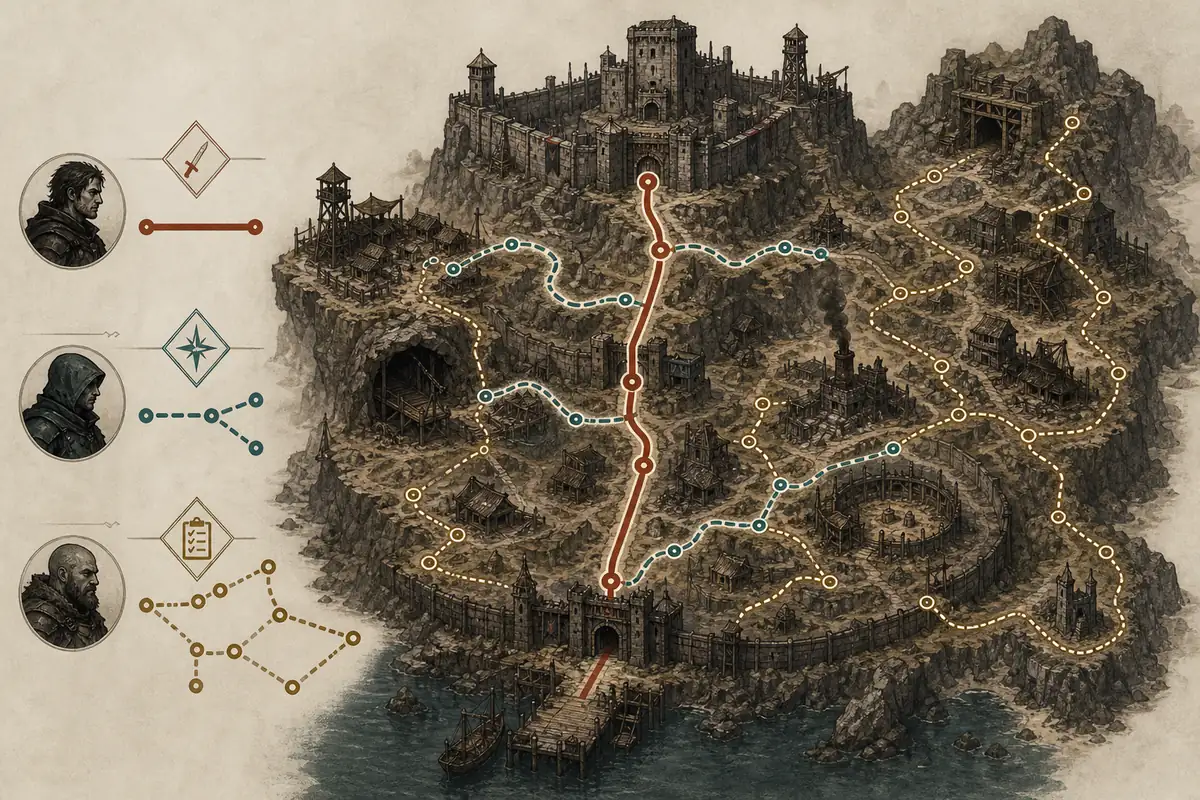 Illustration éditoriale montrant trois itinéraires de durée différente dans une colonie de fantasy sombre