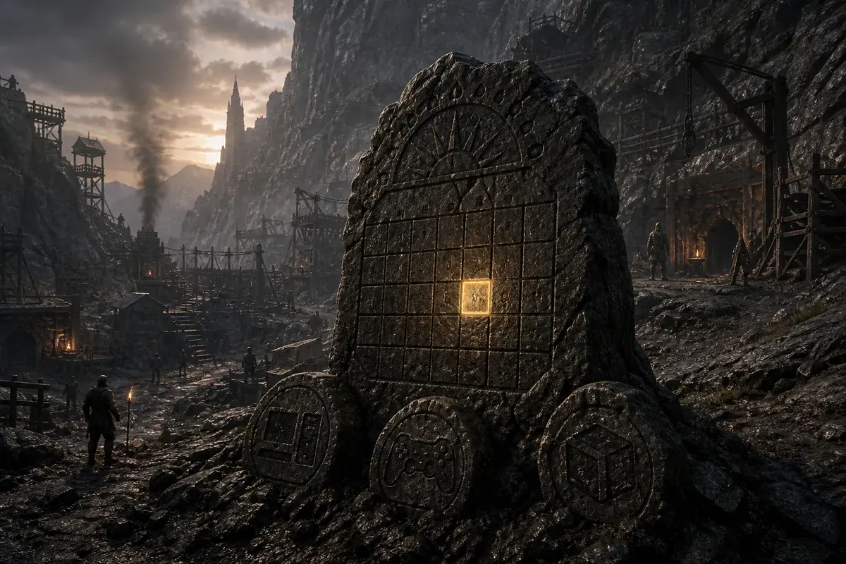 Conceptual editorial illustration of a stone calendar marker and three platform waypoints for release-date research