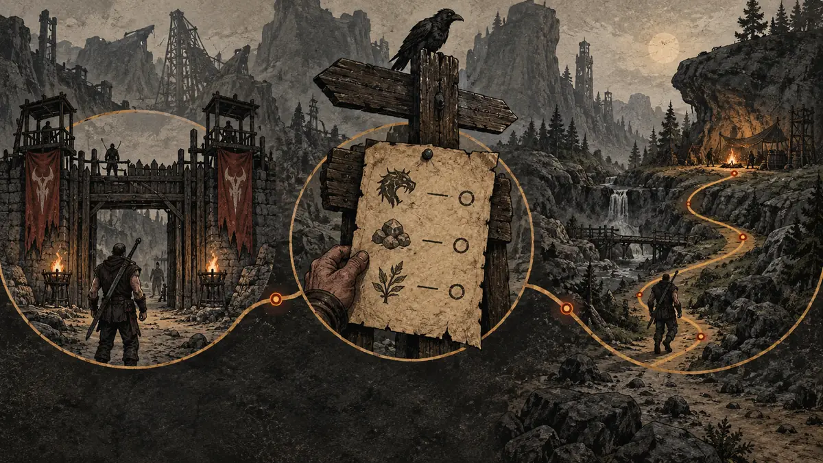 Redaktionelle Illustration einer Nebenquest-Route von einem Gothic 1 Remake Lager durch die Kolonie
