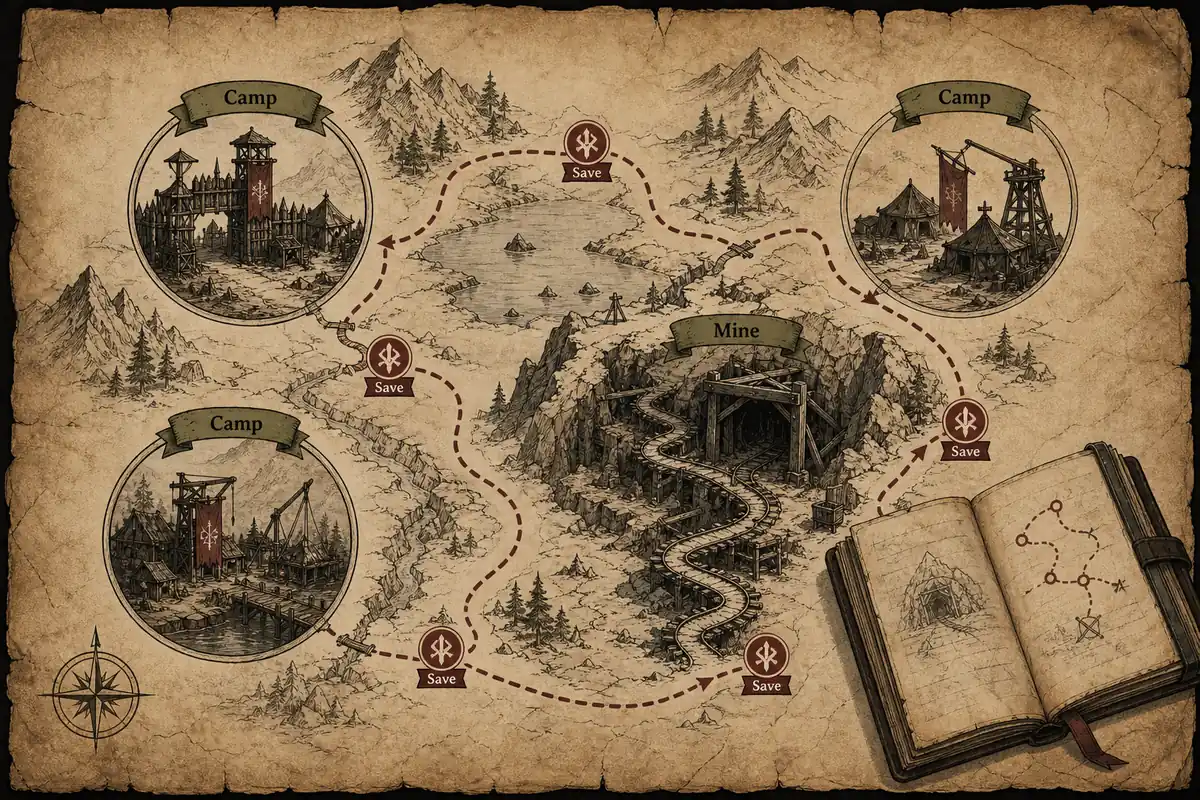 Illustrierte Gothic 1 Remake Route mit Lagern, Mine und Speicherpunkten